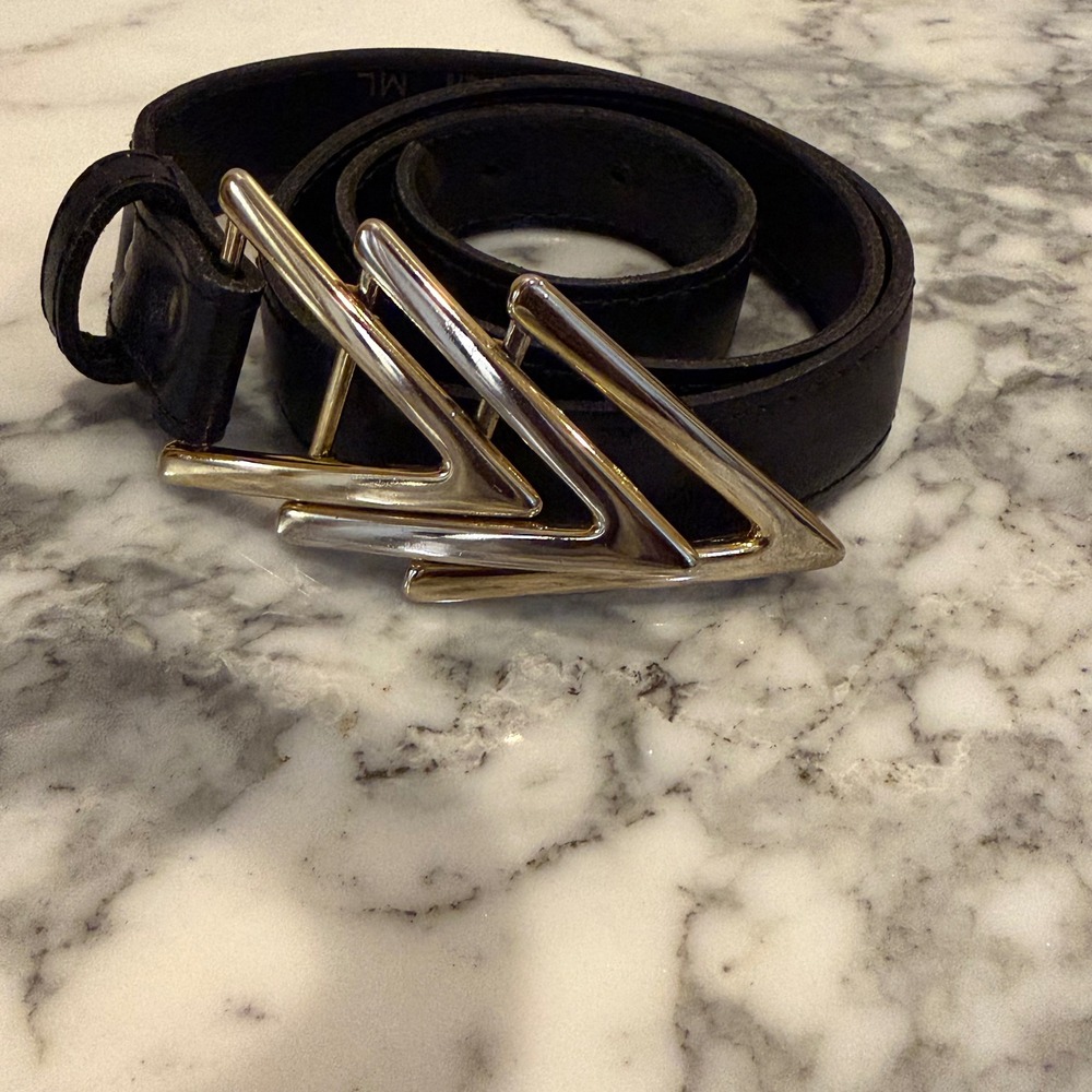 Vintage Leather Belt Women ML Black Statement Triple Chevron Mixed Metal Buckle